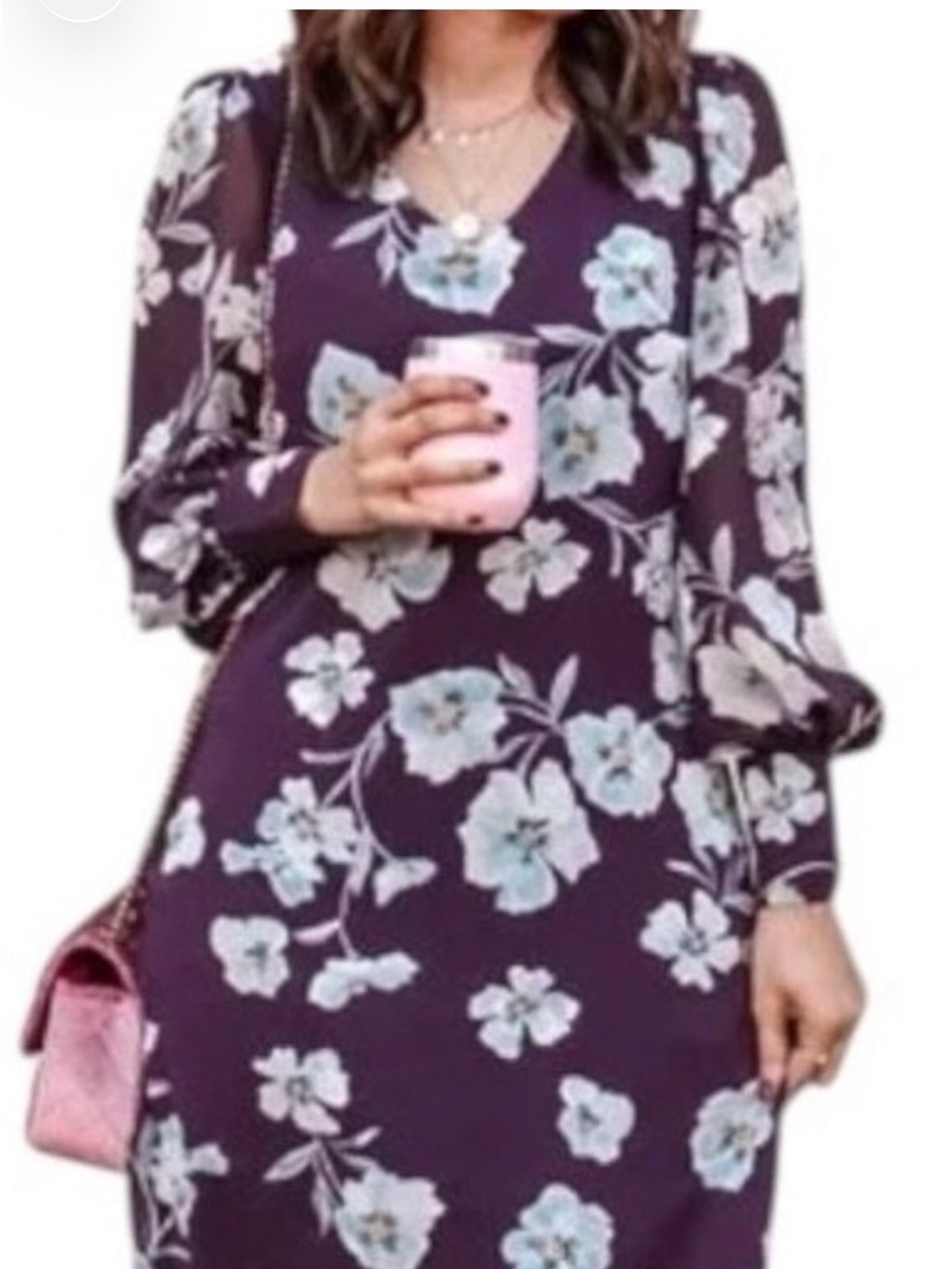 CAbi Purple Floral Long Sleeve V-Neck Dress